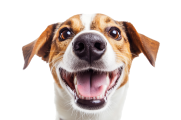 Happy jack russell terrier dog face close up isolated on transparent background. Head portrait of a cute happy border collie dog on isolated on white background.