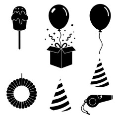 Celebration Party Supplies Icons Balloons, Gifts, Whistle, Hat, and Lollipop Icons for Festive Occasions