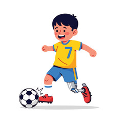 Happy Soccer Player with Prosthetic Leg Kicking Ball in Vector Flat Illustration