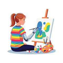 Vector Flat Illustration of a Girl with a Robotic Arm Painting on an Easel