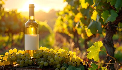 Fototapeta premium Golden hour illuminates a wine bottle and grapes in a vineyard