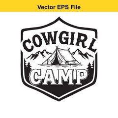 Vector art of cowgirl camp emblem with tent and mountain landscape