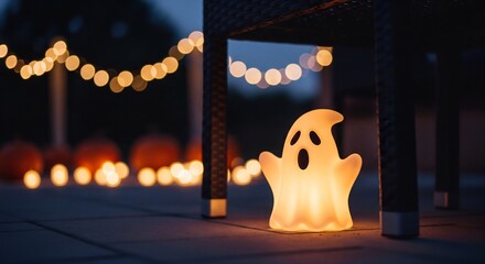 Luminous ghost figure under dark table with blurred pumpkins and string lights