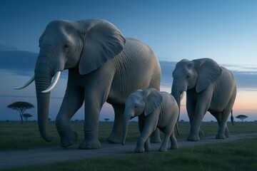 Obraz premium Majestic elephant family walking at dusk across grassy savanna path under a dramatic twilight sky with soft background light and serene mood. Ai generative