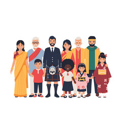 Fototapeta premium A diverse multicultural group of people in traditional national costumes standing together, a Vector Flat illustration of community and unity