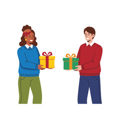 Vector Flat Illustration Man and Woman Exchanging Gifts