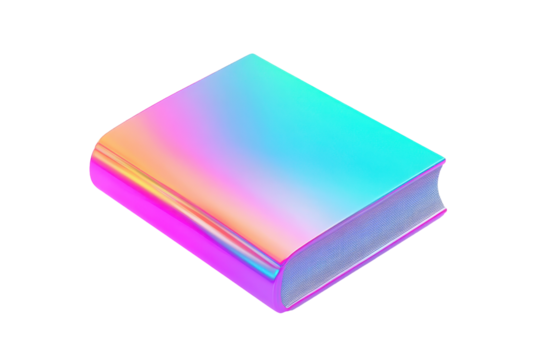 Holographic book with iridescent cover isolated on transparent background. Book Icon in gradient colors perfect for education isolated on white background, 3d rendering.