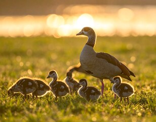 Goose family in golden light