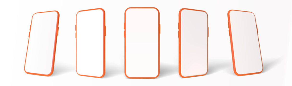 Realistic 3d orange smartphone mockup. Modern mobile phone with blank screen. Vector template for app design, advertising, ecommerce, technology presentation