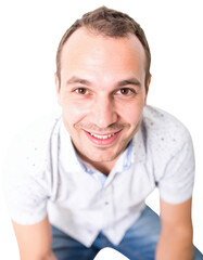 Fototapeta premium Closeup Portrait of a Smiling Man with Brown Hair and Eyes.