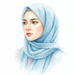 Naklejka premium Watercolor Islamic Portraits Collection – Hijab Women, Muslim Men, Children, and Family Illustrations on White Background