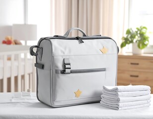 Light gray diaper bag with white cloths