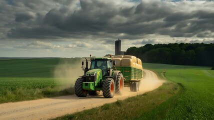 Fototapeta premium Green Tractor Hauling Hay Bales Through Dusty Rural Landscape