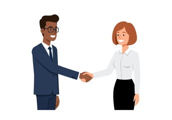 A black man and a white woman in business attire shaking hands
