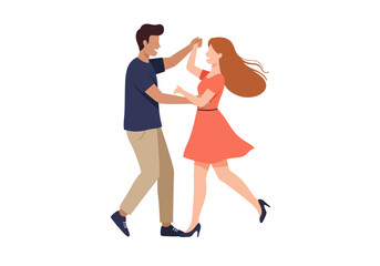A couple dances together the woman in a red dress the man in a blue shirt