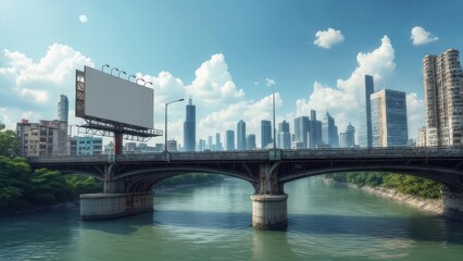 Urban bridge over a river with modern city skyline and blank billboard