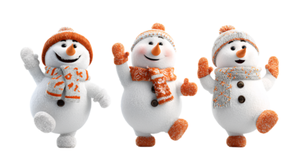 Holiday Snowman Collection with Scarf, Mittens, and Joyful Expressions isolated on transparent background