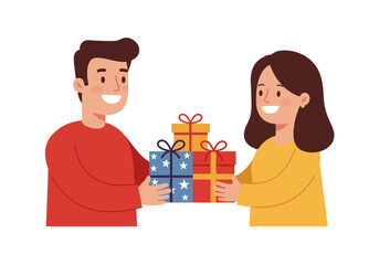 Man gives stack of gifts to smiling woman packages are blue with stars red and yellow