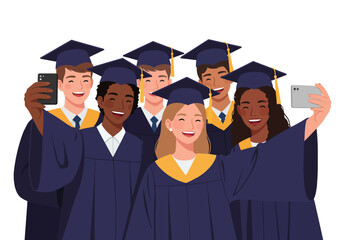 Group of smiling graduates in caps  gowns taking a selfie together