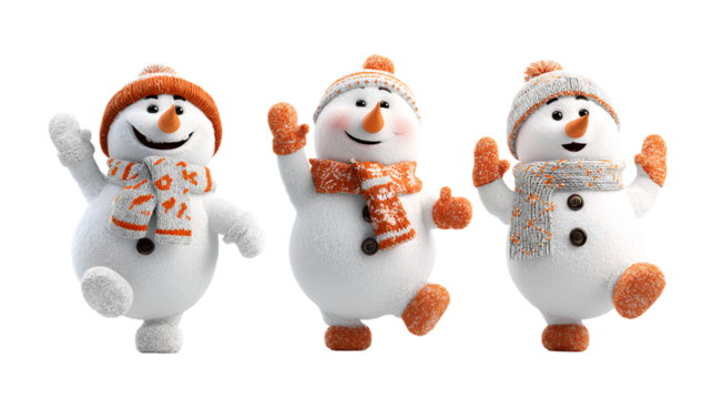 Holiday Snowman Collection with Scarf, Mittens, and Joyful Expressions isolated on transparent background