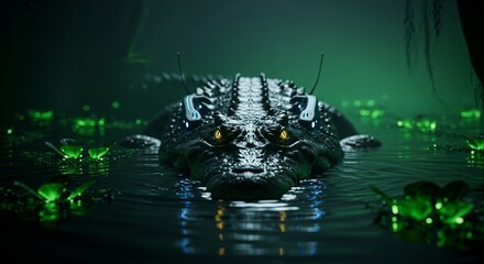 Cybernetic Crocodile Emerging from Swamp with Glowing Eyes.