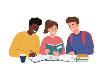 Three students study together reading  writing Books  a drink are on the table