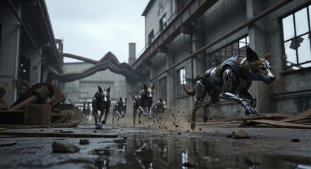 Cybernetic Dogs Racing Through Abandoned Industrial Ruins.