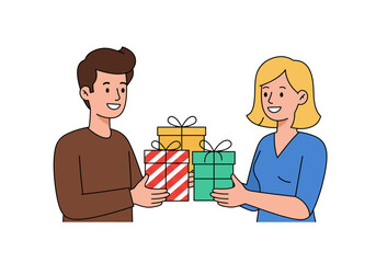 Two people exchanging gifts with red yellow and green presents