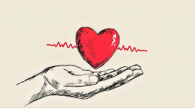A hand holding a heart with a heartbeat line illustration.