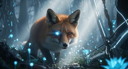 Cybernetic Fox in Enchanted Forest - A Fusion of Nature and Technology.