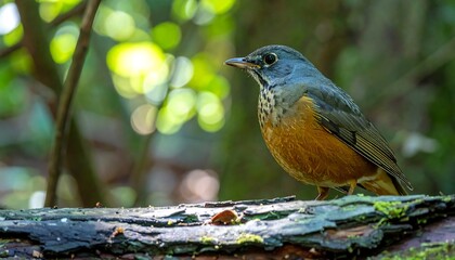 Bird perched on log in forest