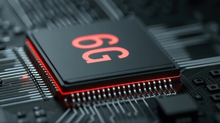 Close-up of a 6G technology microchip on a circuit board. - Powered by Adobe