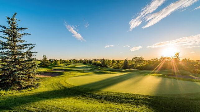 fairway. Vast green golf course under bright sunlight, capturing the tranquility of open landscapes. travel magazines, destination branding, designed for outdoor magazines and nature guides.