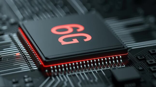 Close-up of a 6G technology microchip on a circuit board. - Powered by Adobe