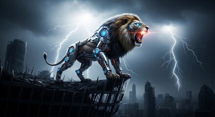 Cybernetic Lion Roaring Amidst a Stormy Cityscape.