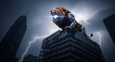 Cybernetic Lion Roaring Atop Skyscraper During Thunderstorm.