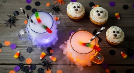 Obraz premium Overhead shot Halloween drinks in mugs w candy worms cupcakes confetti spiders on a gray wood surface