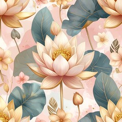 Elegant floral pattern with lotus and other flowers in gold and blush tones