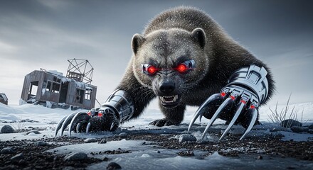 Cybernetic Wolverine Bear - A Futuristic Predator in a Frozen Wasteland.