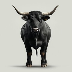 A striking image of a large black bull against a plain backdrop.