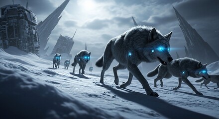 Cybernetic Wolves Pack in Snowy Wasteland with Glowing Eyes.