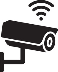 Silhouette security camera with Wi-Fi icon. Vector EPS for surveillance, safety, and control.
