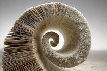Spiral structure of stacked paper, covered in sand, creating a textured, three-dimensional form
