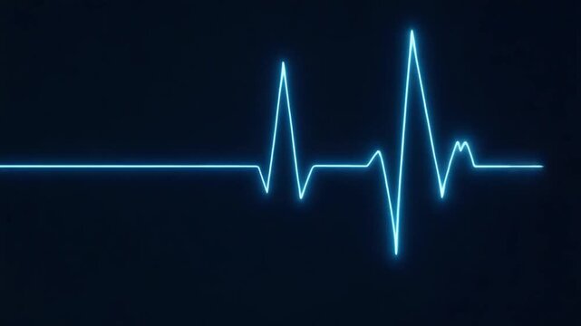 Glowing Blue Heartbeat EKG Line Flatlines on Monitor Screen.