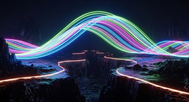 Vibrant Neon Energy Trails Flowing Over Alien Landscape - Powered by Adobe