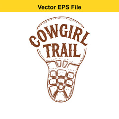 Vector art of cowgirl trail text inside boot print