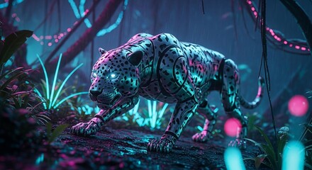 Cyberpunk Jaguar in Neon Jungle - Futuristic Wildlife Concept.