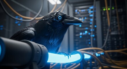 Cyberpunk Raven Perched on Neon Bar in Server Room.
