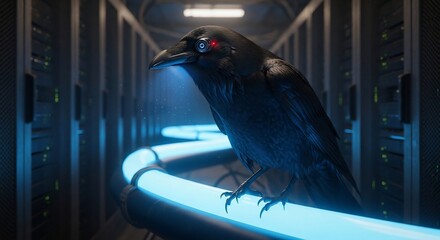 Cyberpunk Raven Perched on Neon Light in Server Room.