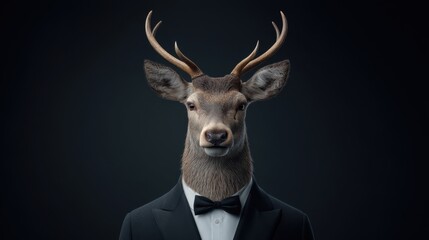 Elegant deer in a formal tuxedo with a bow tie against a dark background, showcasing a unique blend of nature and sophistication.